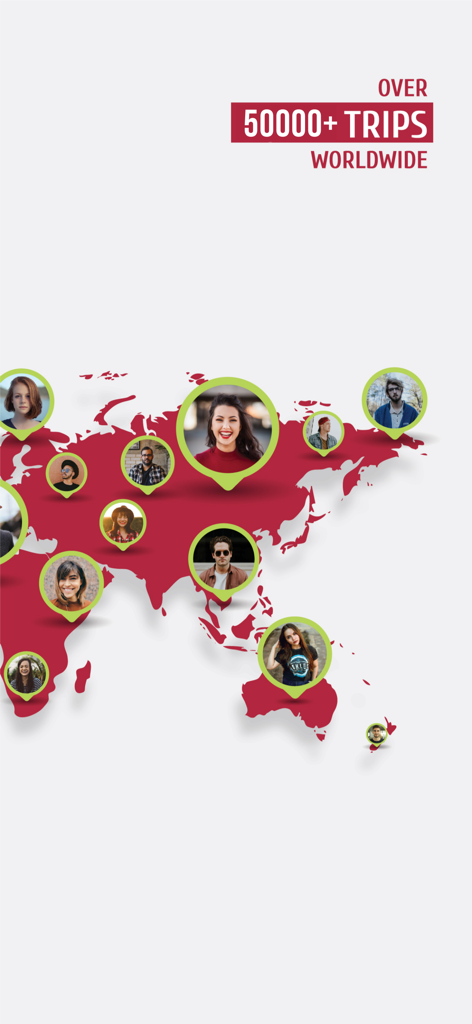 GAFFL - Find A Travel Buddy - Un mapa mundial rojo con iconos circulares verdes de perfiles de usuario y texto que indica más de 50000 viajes en todo el mundo en la aplicación GAFFL