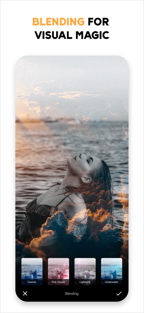 Photo Editor Effects + Filters - Mobile app screen showing a photo blending effect with golden clouds overlaid on a woman in the water