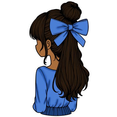 realistic girl  with hip length hair a bun and a big bow on the back of head