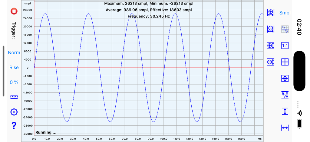 Mobile Oscilloscope - 모바일 오실로스코프 앱 인터페이스에 신호 주파수 및 진폭 측정값이 표시된 파란색 사인파가 표시됩니다.