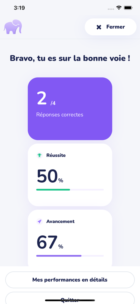 Wooflash - Pantalla de la aplicación Wooflash que muestra estadísticas de estudio que incluyen respuestas correctas, tasa de éxito y progreso.