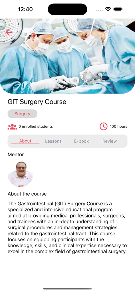 DR-MATARY - Interface of the DR-MATARY app showing the GIT Surgery Course overview including description and mentor information