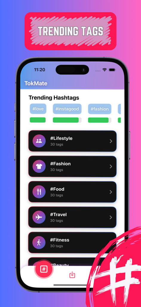 SnapTok: Save Tok Tags, Emoji - Mobile app interface displaying trending hashtag categories like Lifestyle, Fashion, and Food for social media creators.