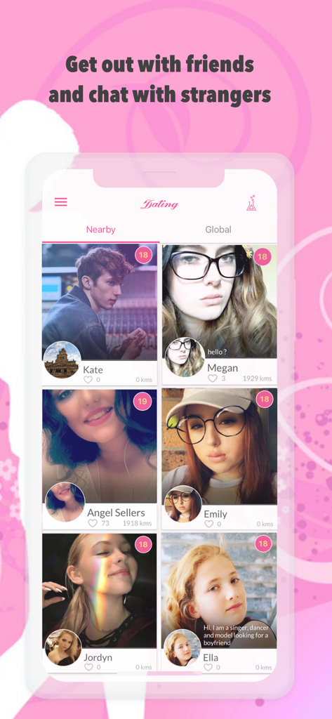 Ok Dating App: Connect & Chat - The Nearby tab of Ok Dating App showing a grid of local user profiles with photos and names