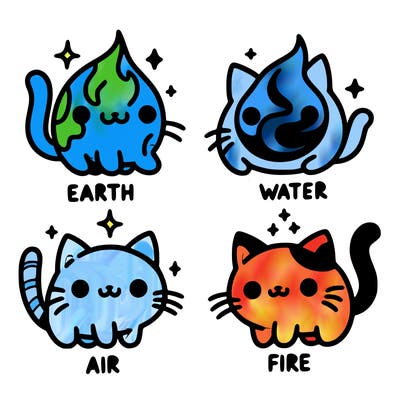 4 cats that represent the different elements, earth, water, air, and fire