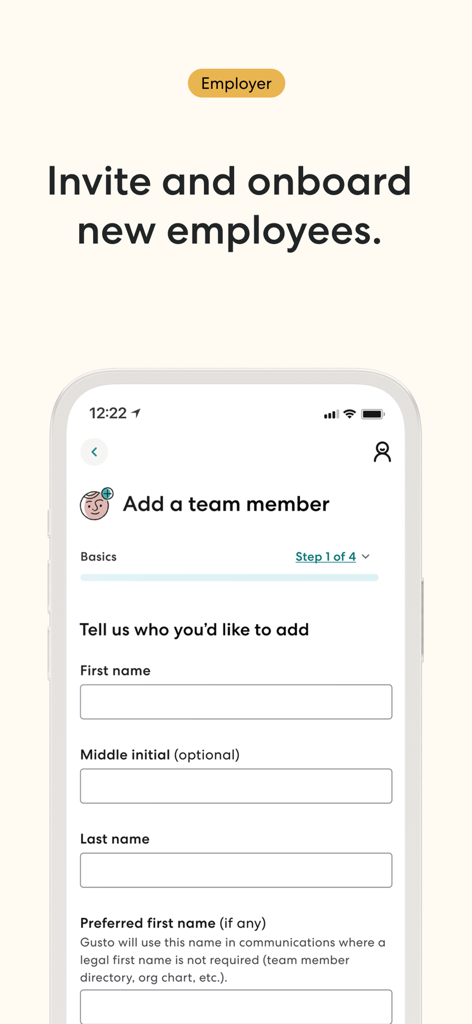 Gusto Mobile - Gusto Mobile app interface for employers to invite and onboard new employees by entering basic team member details