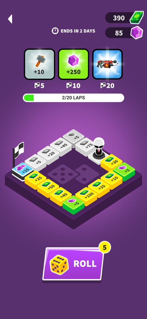 Screenshot del gioco mobile Johnny Trigger che mostra un minigioco in stile gioco da tavolo con ricompense tra cui gemme, martelli e un lanciafiamme