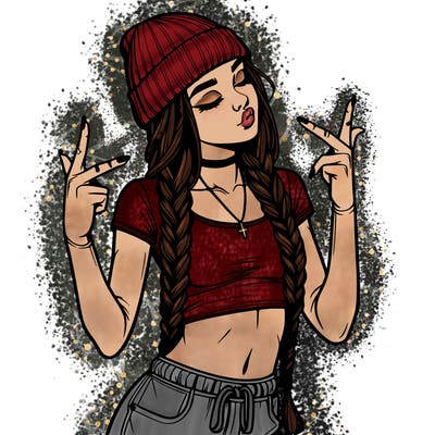 realistic teenage girl with braids and a beanie and crop top doing 🫶🏼