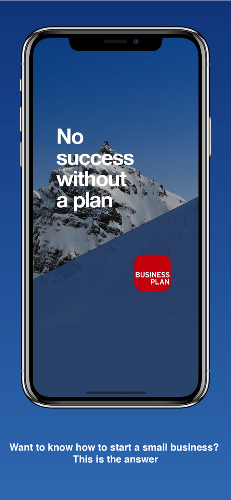Startbildschirm der Businessplan-App für Startups mit einem Berggipfel und motivierendem Text