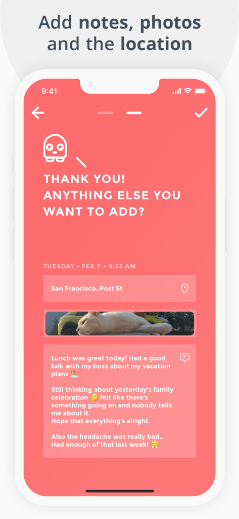 Moodistory app screen showing an interface to add personal notes, a photo of a cat, and the location to a mood journal entry.