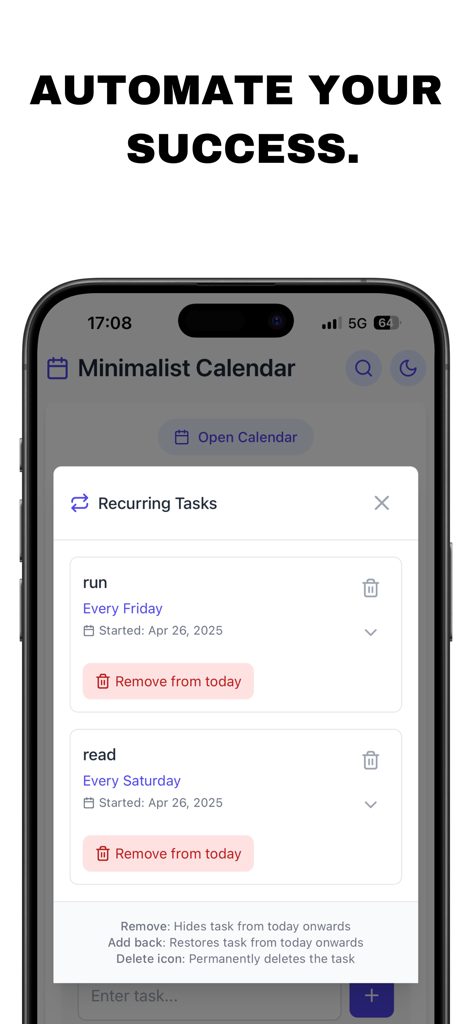 The Minimalist Calendar - Smartphone screen showing the recurring tasks feature in The Minimalist Calendar app for organizing habits like running and reading.