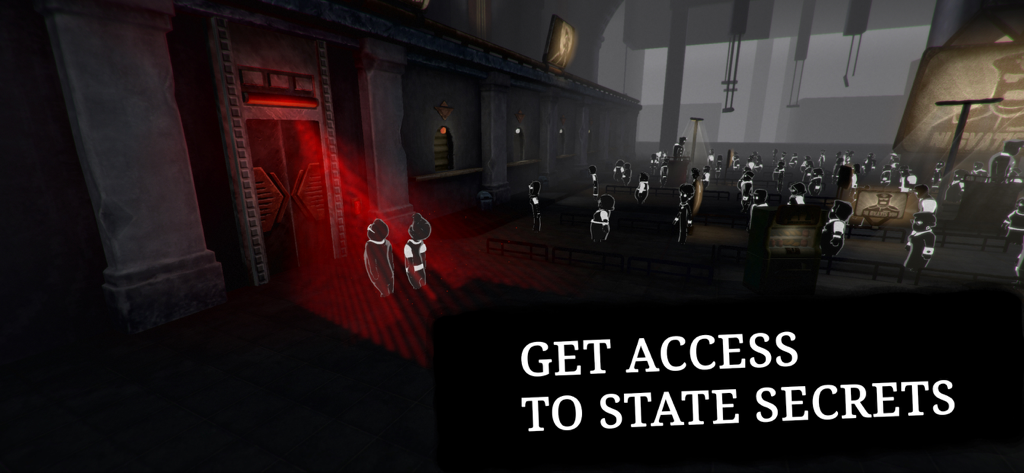 Beholder 2 - A dark dystopian ministry interior with silhouetted characters and a glowing red doorway