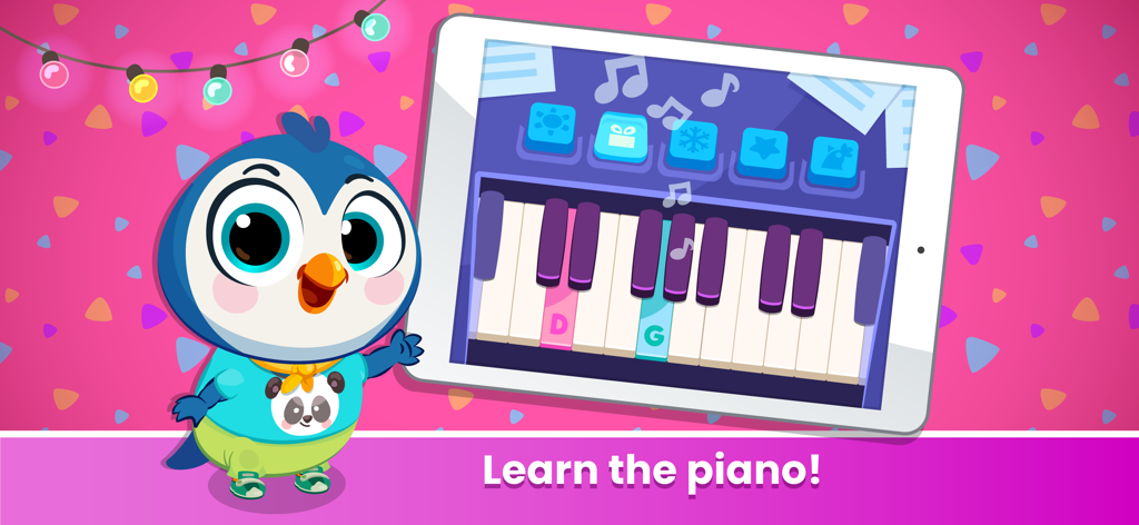 A cute penguin character standing next to a tablet showing a piano lesson in Bubbu School
