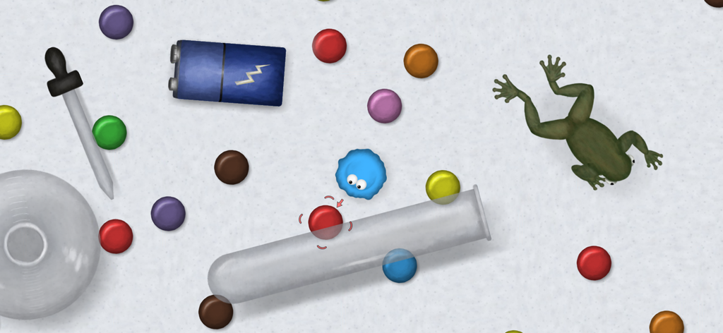 Tasty Planet: Back for Seconds - A blue goo character eating small objects and lab equipment in a laboratory setting.