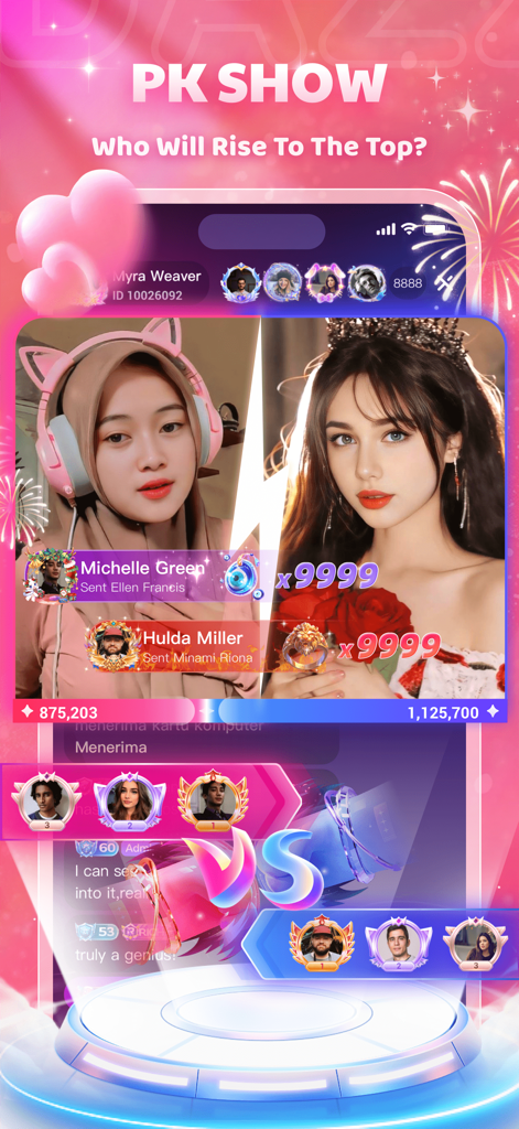 Dazz Live-Live Stream & Chat - A split-screen live streaming battle between two creators on the Dazz Live app PK show feature