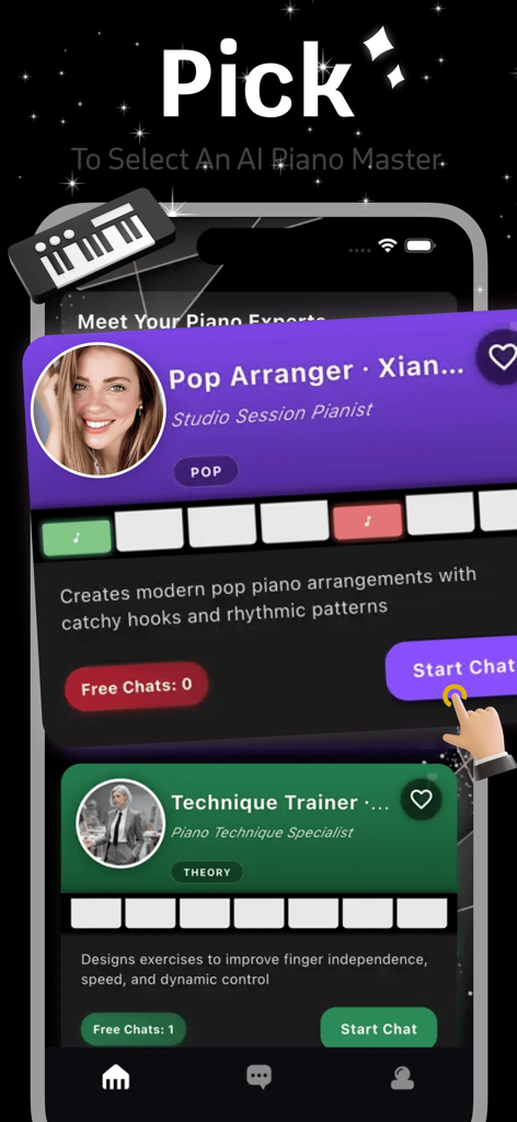 Panno - Interface de l'application Panno montrant les profils de différents mentors de piano IA disponibles pour le chat et l'instruction.