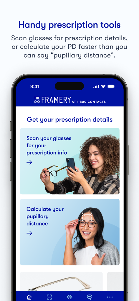 The Framery - The Frameryアプリのホーム画面。処方箋のスキャンと瞳孔間距離の測定オプションが表示されます。