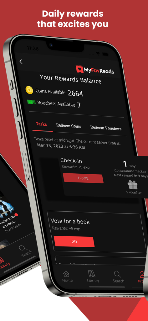 MyFavReads: Novels & Books - MyFavReads app screen displaying daily rewards balance and tasks for earning coins and vouchers