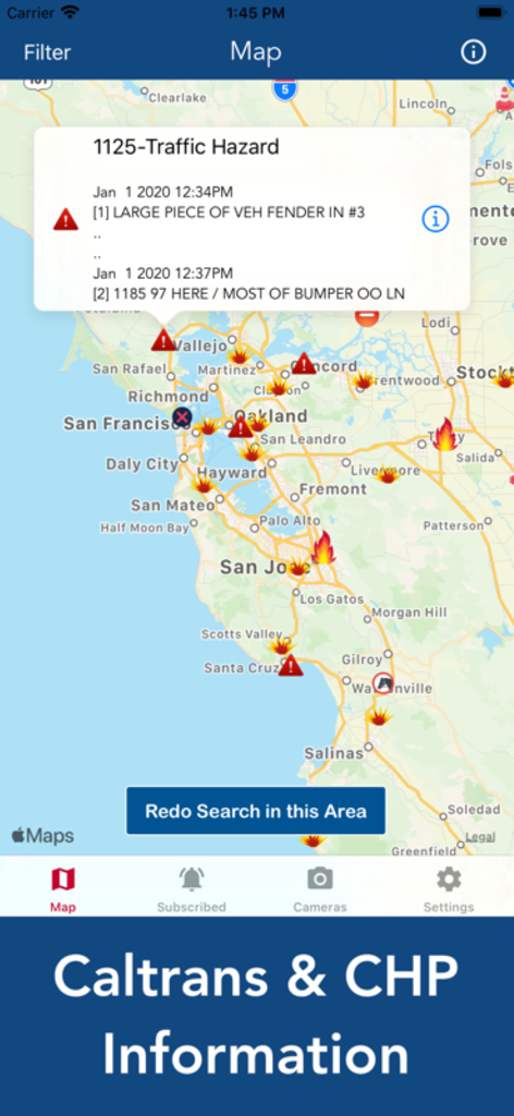California 511 Road Conditions - Map of California showing real-time traffic hazards and CHP incident reports in the San Francisco Bay Area.