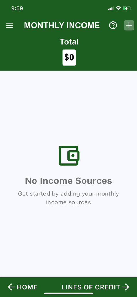 Pay Down Velocity Banking - Pantalla de configuración de ingresos mensuales en la aplicación Banca de Velocidad para Pagar Deudas mostrando un saldo de cero dólares y una indicación para agregar fuentes de ingresos.