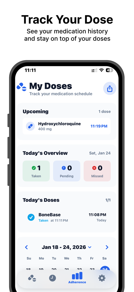 Pill Identifier: AI Pill ID ® - Pill Identifier app interface showing medication dose tracking and history overview.
