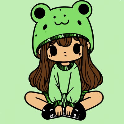 a girl wearing a frog hat and some frog socks