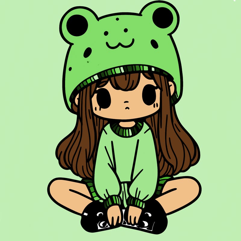 a girl wearing a frog hat and some frog socks
