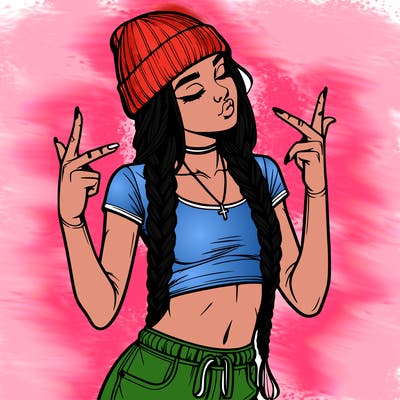 realistic teenage girl with braids and a beanie and crop top doing 🫶🏼