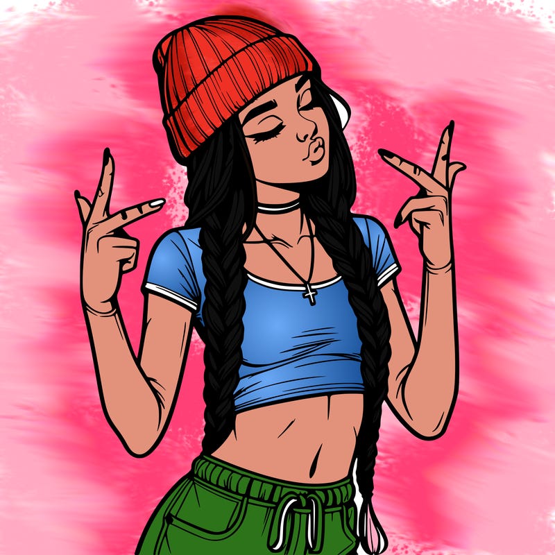 realistic teenage girl with braids and a beanie and crop top doing 🫶🏼