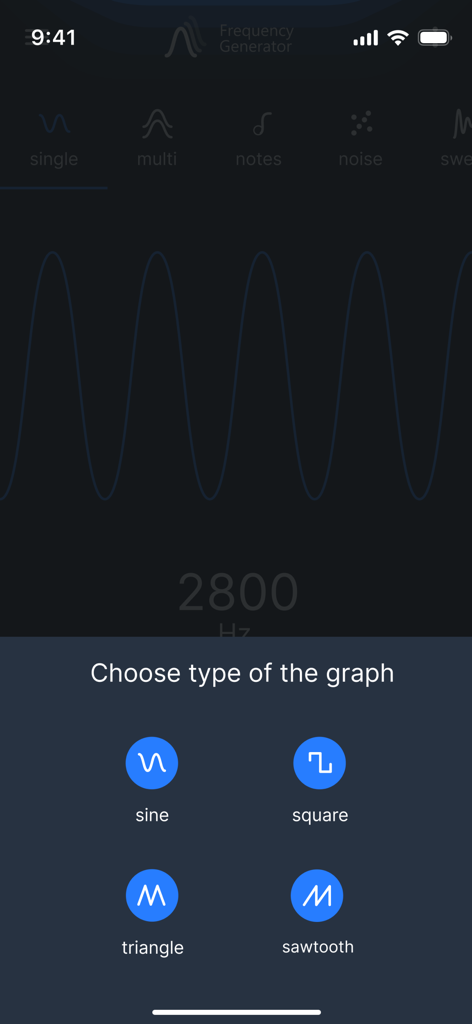 Selection menu for sine square triangle and sawtooth sound waves in the Frequency Generator app interface