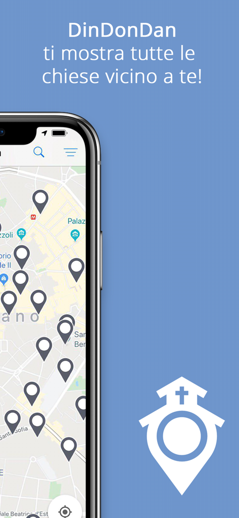 DinDonDan - Interfaccia dell'app mobile DinDonDan che mostra una mappa con segnaposto per le chiese vicine.