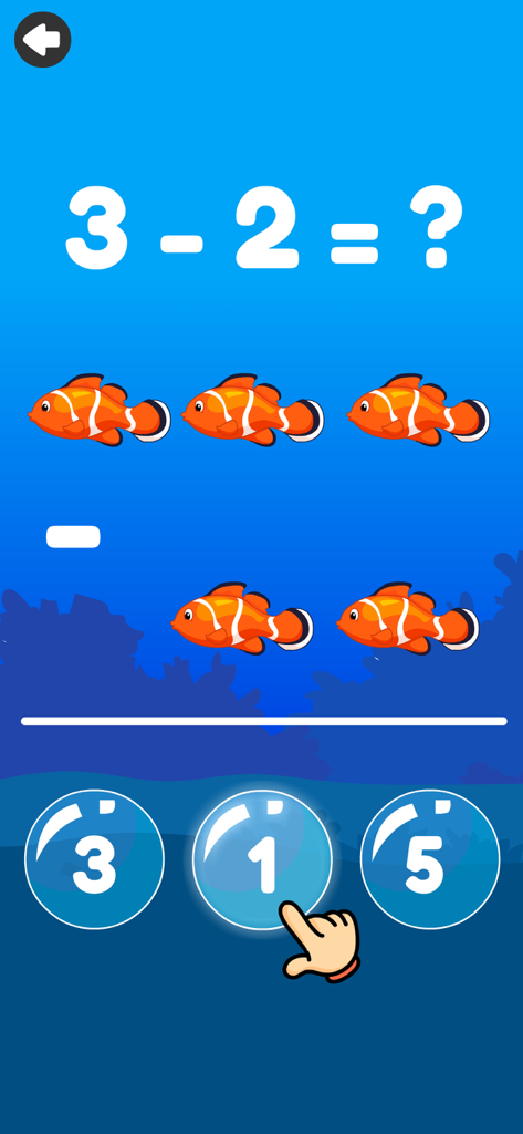 A subtraction game screen from KidloLand Math Academy showing a 3 minus 2 math problem with clownfish illustrations.