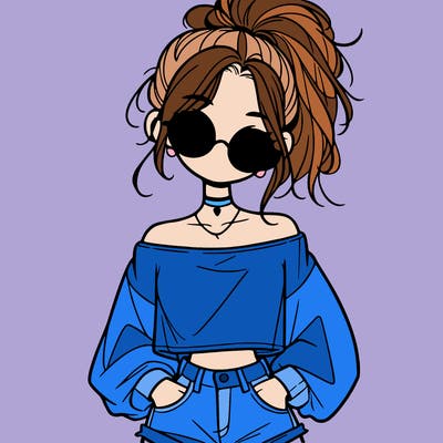 girl with a messy ponytail glasses a baggy crop top and jean shorts