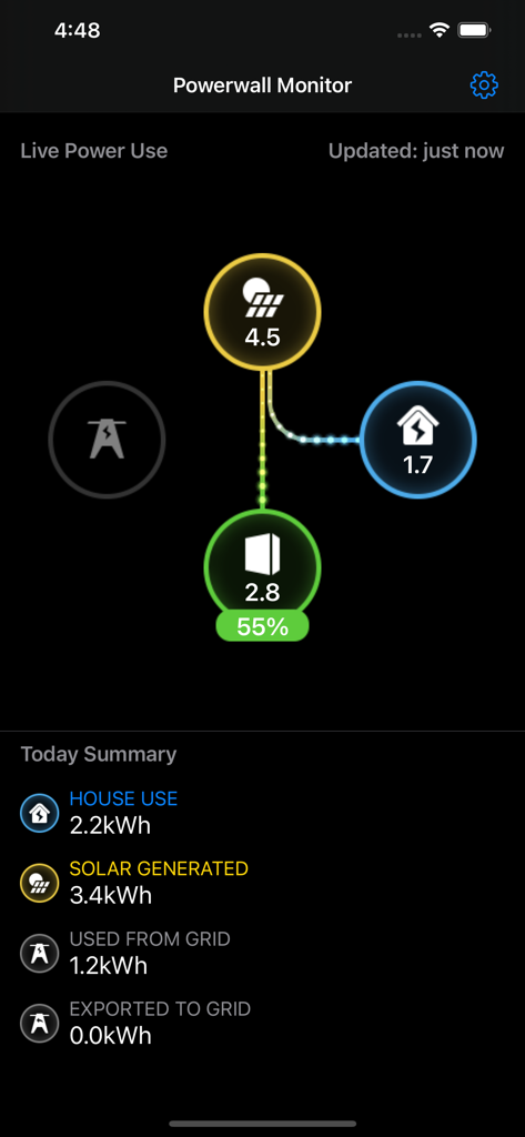 Powerwall Monitor - Interfaccia dell'app Powerwall Monitor che mostra dati live sulla produzione solare e sull'utilizzo di energia domestica