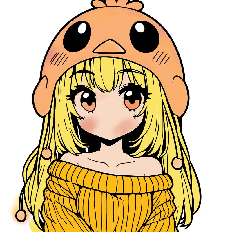 anime girl with chick shaped hat with sweater with bare shoulders with bangs covering them one eye with low tail
