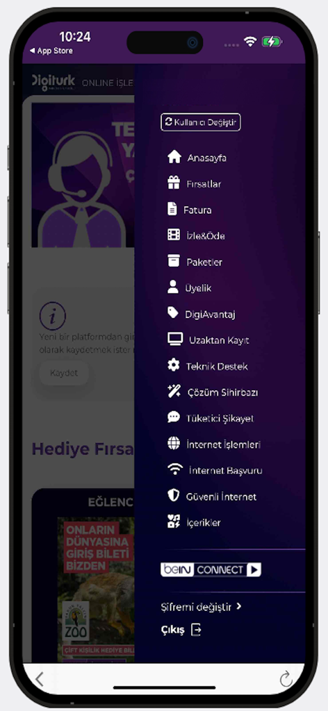 Side navigation menu of the Digiturk Online Islemler app on an iPhone showing various account management options