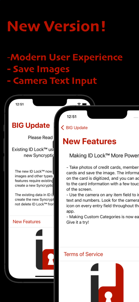 ID Lock - Secure Data Manager - ID Lock app update screen showcasing new features like modern UI camera text input and image saving options