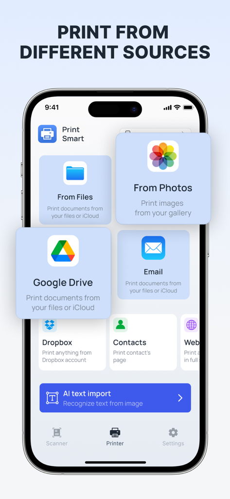 Interface of the Print Smart app showing various sources for printing including Photos, Google Drive, Email, and Dropbox