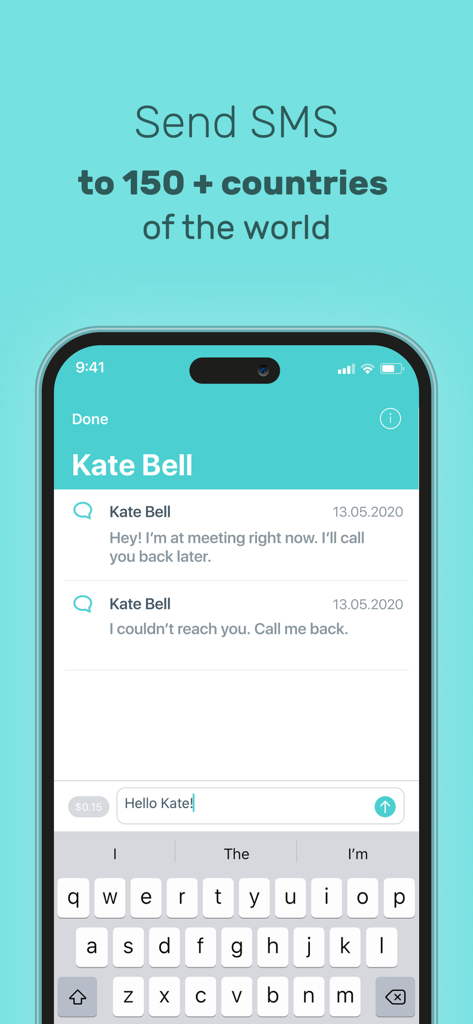 International Calling - Yolla - Mobilbildschirm, der die internationale SMS-Funktion der Yolla-App mit Nachrichtenverlauf und Tastatur zeigt.