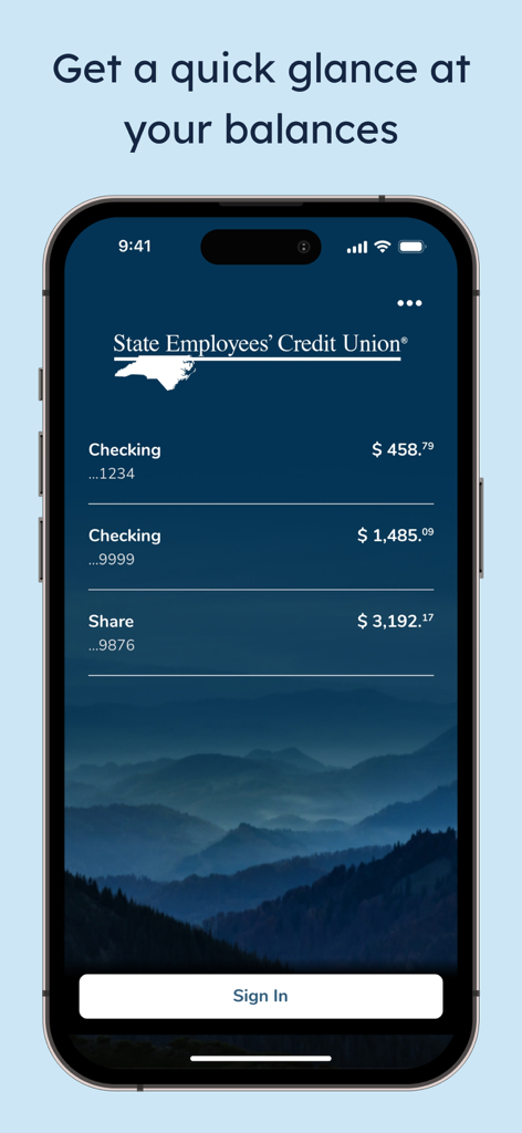 SECU - SECU mobile app screen displaying checking and share account balances with a Sign In button