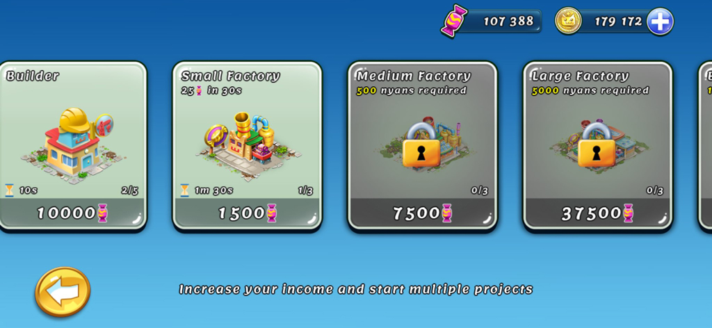 Menú del juego mostrando opciones de construcción de fábricas y costos en Nyan Cat Lost In Space