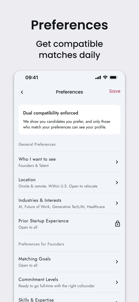 CoffeeSpace: Connect & Build - CoffeeSpace app preferences screen showing filters for startup cofounder matching including location and industry interests