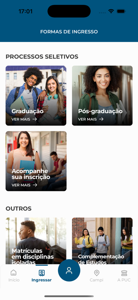 La pantalla de opciones de admisión y selección de la aplicación PUC Minas Móvil mostrando opciones para estudios de pregrado y posgrado.