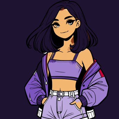 a realistic girl with a crop top and short shorts in an open jacket