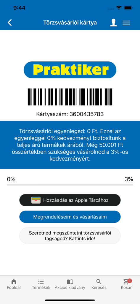 Praktiker Magyarország - Digital loyalty card screen in the Praktiker Magyarorszag app showing a barcode and reward balance information