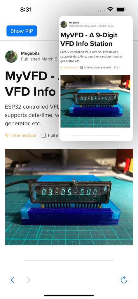 Magic PiP - Aplicativo Magic PiP mostrando uma página da web em uma janela flutuante Picture-in-Picture sobre um artigo na tela de um iPhone