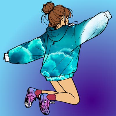 realistic girl jumping with a bun and oversized sweatshirt
