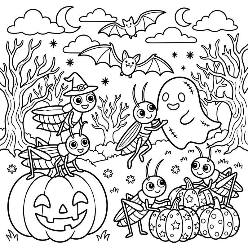 Join a colony of adorable crickets for a memorable Halloween celebration! This delightful coloring page is packed with festive pumpkins, friendly ghosts, and flying bats, perfect for young artists.
