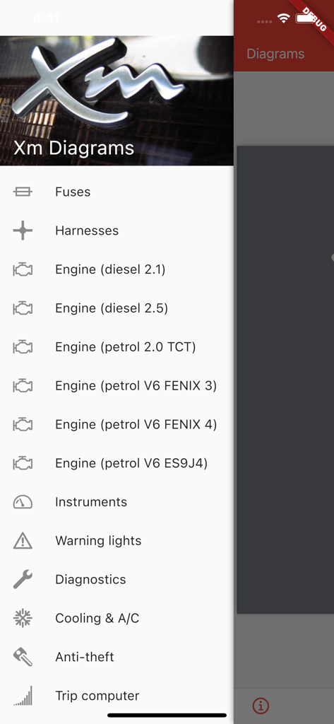 Xm Diagrams - Xm Diagrams app menu displaying technical categories for Citroen XM maintenance and repair