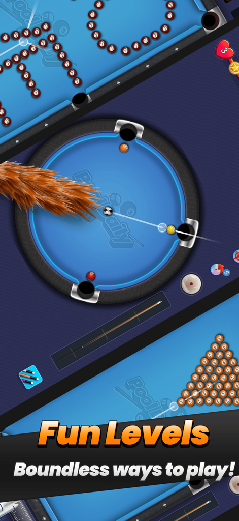 DailyPool-3D 8 Ball Pool - DailyPool-3D game interface showcasing fun and creative billiards levels with circular tables